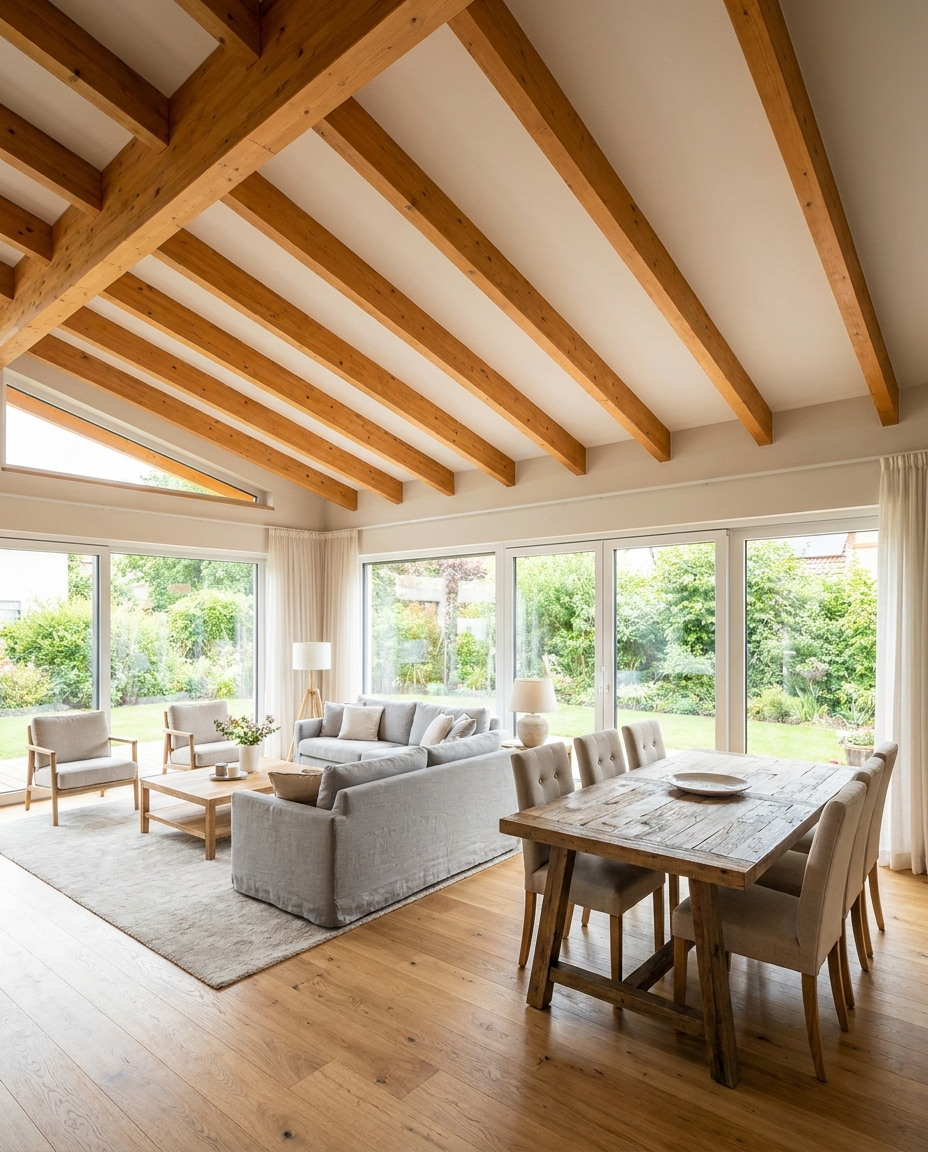 Modernes Fertighaus-Interieur mit sichtbarer Holzbalken-Decke